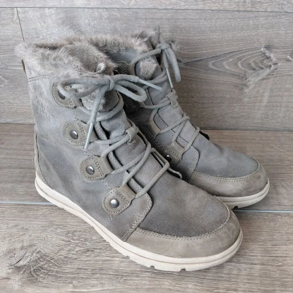 Sorel Explorer Joan Boots Women 10 Gray Suede Leather Winter Waterproof Faux Fur - Picture 2 of 10